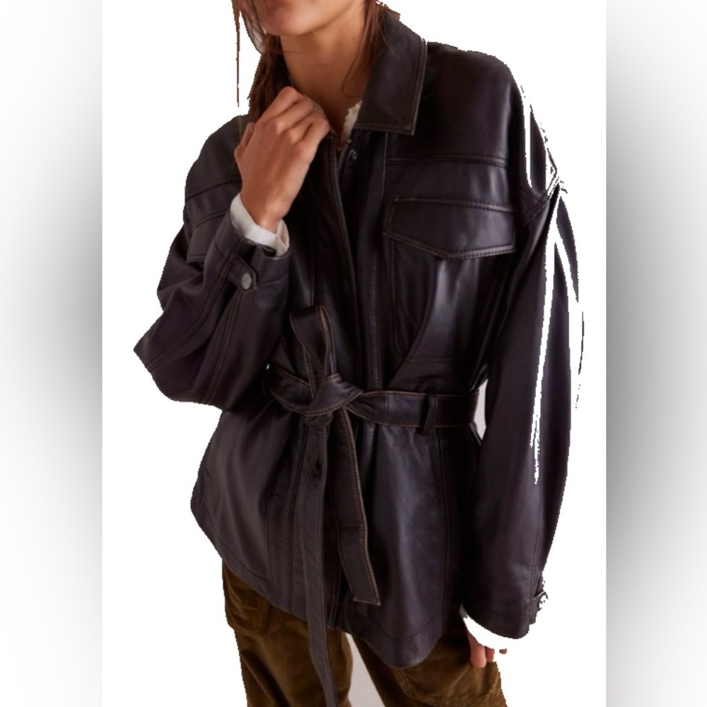 We The Free Black Leather Belted Jacket